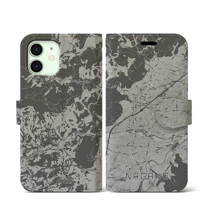 【長野（長野県）】地図柄iPhoneケース（手帳タイプ）モノトーン・iPhone 12 mini 用