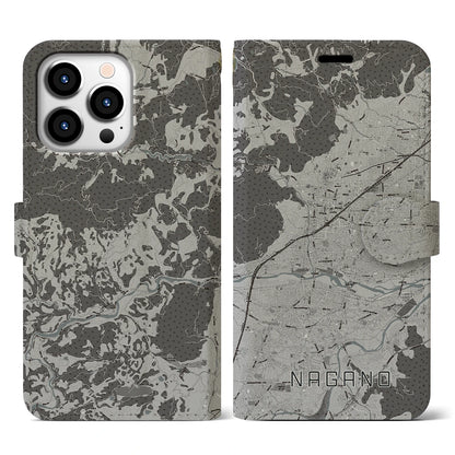 【長野（長野県）】地図柄iPhoneケース（手帳タイプ）モノトーン・iPhone 13 Pro 用