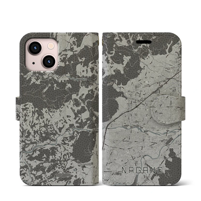 【長野（長野県）】地図柄iPhoneケース（手帳タイプ）モノトーン・iPhone 13 mini 用