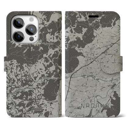 【長野（長野県）】地図柄iPhoneケース（手帳タイプ）モノトーン・iPhone 14 Pro 用