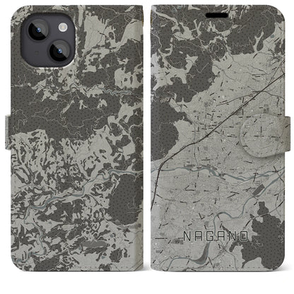 【長野（長野県）】地図柄iPhoneケース（手帳タイプ）モノトーン・iPhone 14 Plus 用