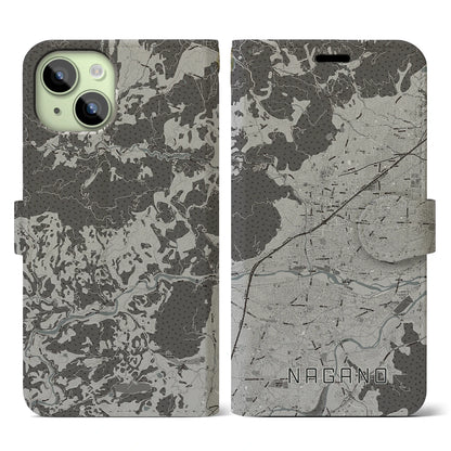 【長野（長野県）】地図柄iPhoneケース（手帳タイプ）モノトーン・iPhone 15 用