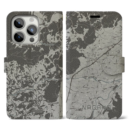 【長野（長野県）】地図柄iPhoneケース（手帳タイプ）モノトーン・iPhone 15 Pro 用