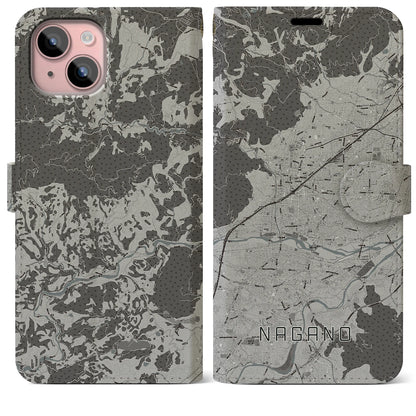 【長野（長野県）】地図柄iPhoneケース（手帳タイプ）モノトーン・iPhone 15 Plus 用