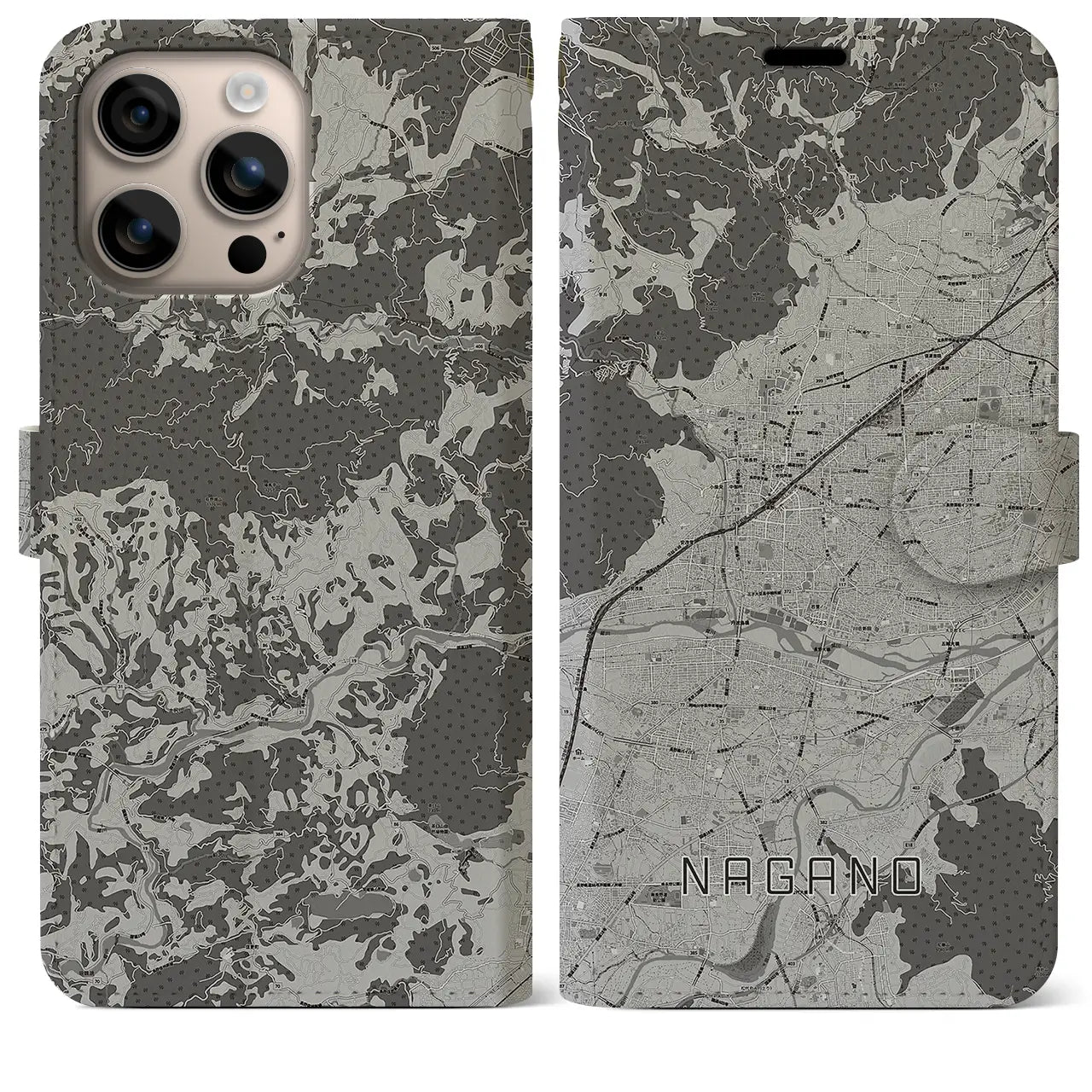 【長野（長野県）】地図柄iPhoneケース（手帳タイプ）モノトーン・iPhone 16 Plus 用