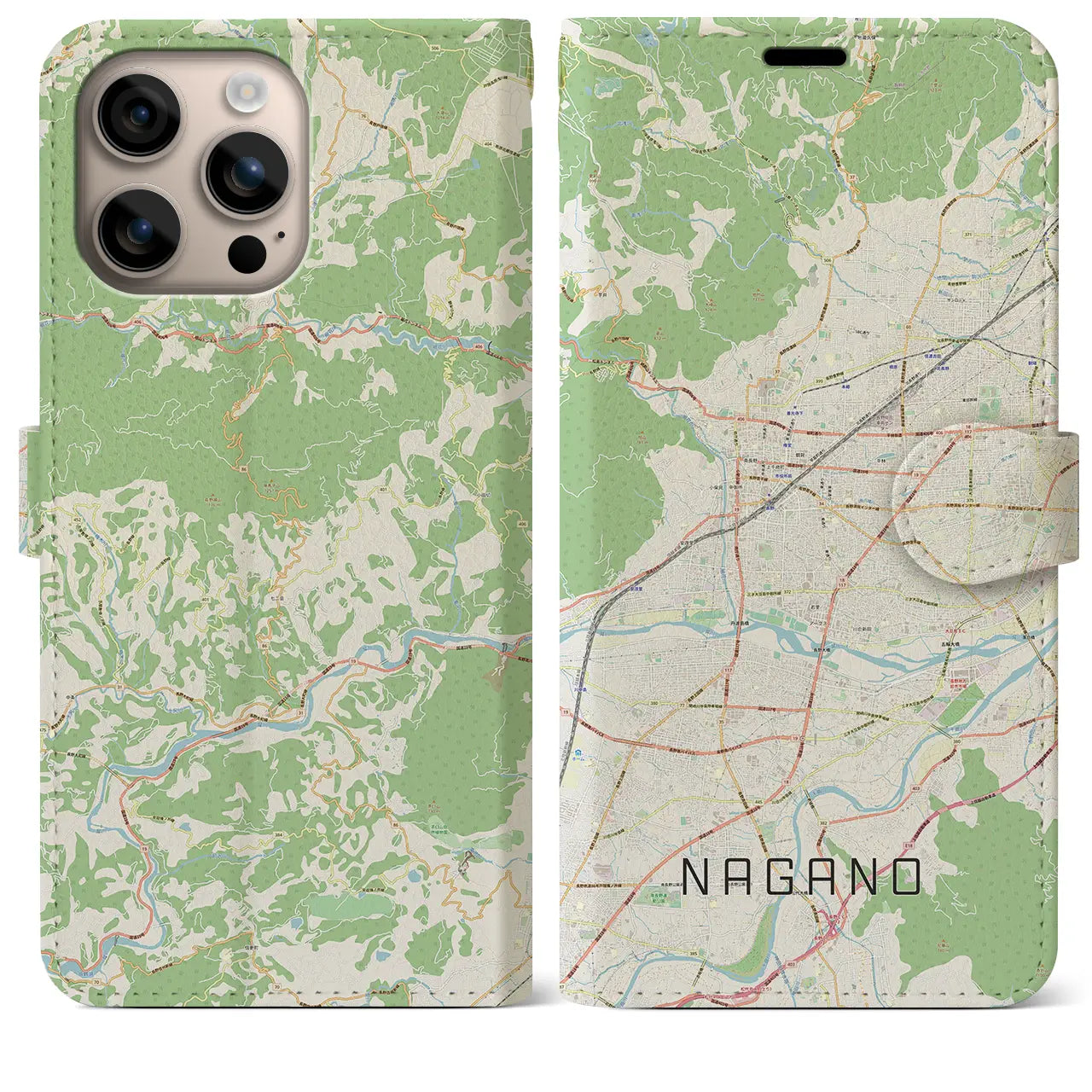 【長野（長野県）】地図柄iPhoneケース（手帳タイプ）ナチュラル・iPhone 16 Plus 用