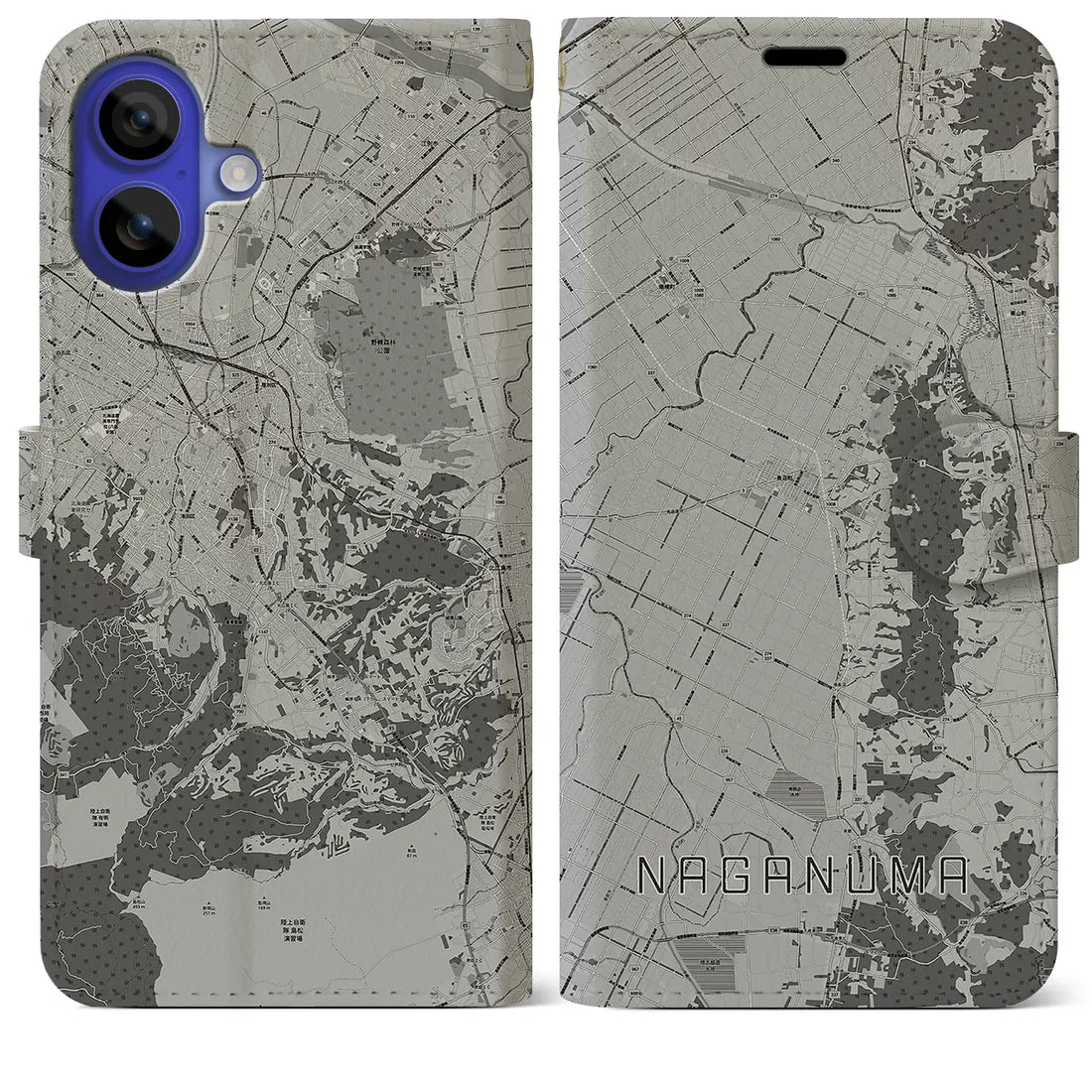 【長沼(北海道)】地図柄iPhoneケース(手帳タイプ)モノトーン・iPhone 16 Pro Max 用