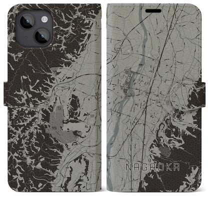 【長岡（新潟県）】地図柄iPhoneケース（手帳タイプ）モノトーン・iPhone 14 Plus 用