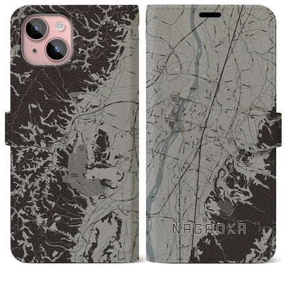 【長岡（新潟県）】地図柄iPhoneケース（手帳タイプ）モノトーン・iPhone 15 Plus 用