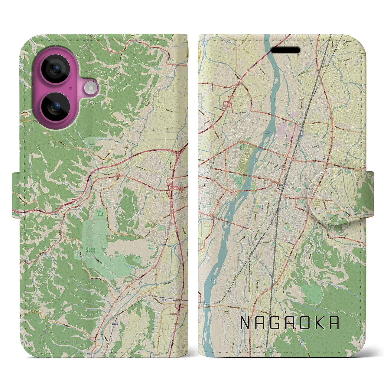 【長岡（新潟県）】地図柄iPhoneケース（手帳タイプ）ナチュラル・iPhone 16 Pro 用