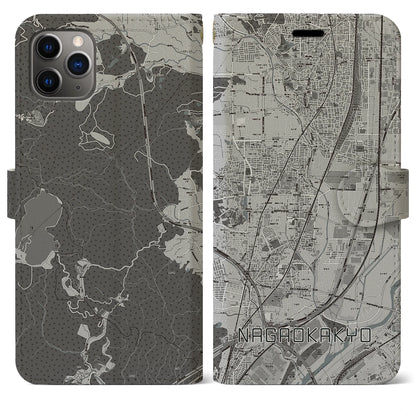 【長岡京（京都府）】地図柄iPhoneケース（手帳タイプ）モノトーン・iPhone 11 Pro Max 用