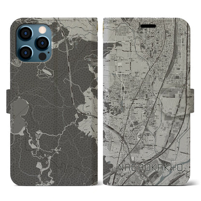 【長岡京（京都府）】地図柄iPhoneケース（手帳タイプ）モノトーン・iPhone 12 / 12 Pro 用
