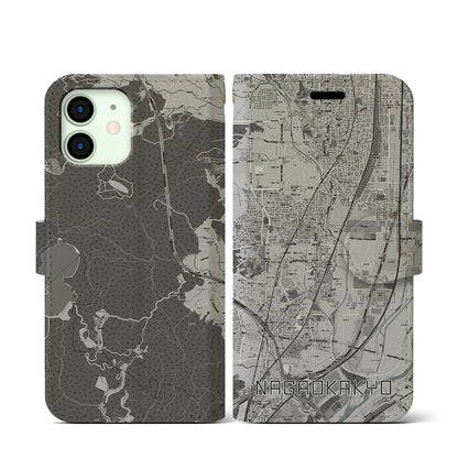 【長岡京（京都府）】地図柄iPhoneケース（手帳タイプ）モノトーン・iPhone 12 mini 用