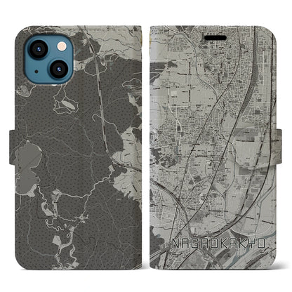 【長岡京（京都府）】地図柄iPhoneケース（手帳タイプ）モノトーン・iPhone 13 用