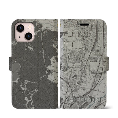 【長岡京（京都府）】地図柄iPhoneケース（手帳タイプ）モノトーン・iPhone 13 mini 用