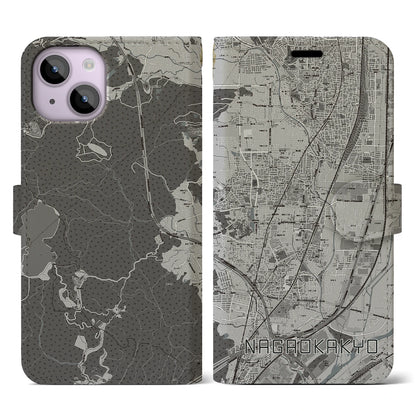 【長岡京（京都府）】地図柄iPhoneケース（手帳タイプ）モノトーン・iPhone 14 用