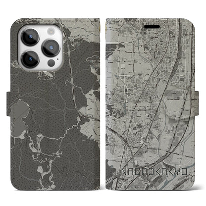【長岡京（京都府）】地図柄iPhoneケース（手帳タイプ）モノトーン・iPhone 14 Pro 用