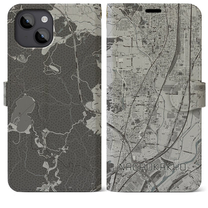 【長岡京（京都府）】地図柄iPhoneケース（手帳タイプ）モノトーン・iPhone 14 Plus 用