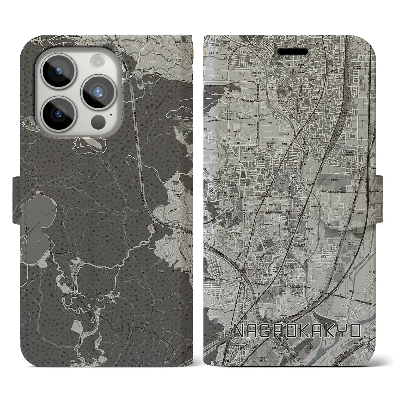 【長岡京】地図柄iPhoneケース（手帳両面タイプ・モノトーン）iPhone 15 Pro 用