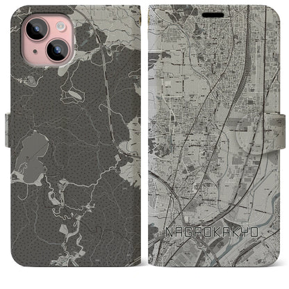 【長岡京（京都府）】地図柄iPhoneケース（手帳タイプ）モノトーン・iPhone 15 Plus 用