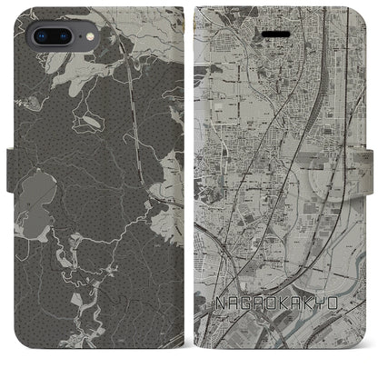 【長岡京（京都府）】地図柄iPhoneケース（手帳タイプ）モノトーン・iPhone 8Plus /7Plus / 6sPlus / 6Plus 用