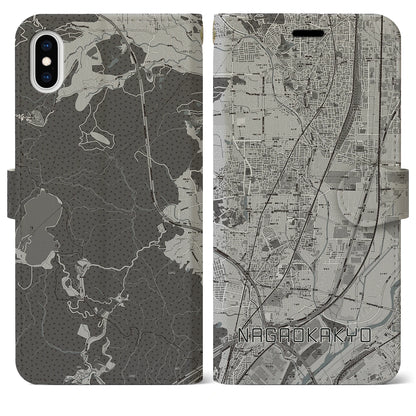 【長岡京（京都府）】地図柄iPhoneケース（手帳タイプ）モノトーン・iPhone XS Max 用