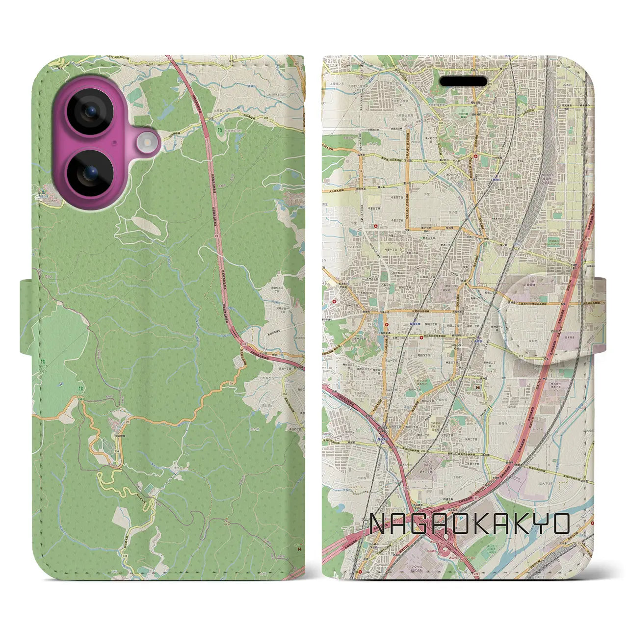 【長岡京（京都府）】地図柄iPhoneケース（手帳タイプ）ナチュラル・iPhone 16 Pro 用