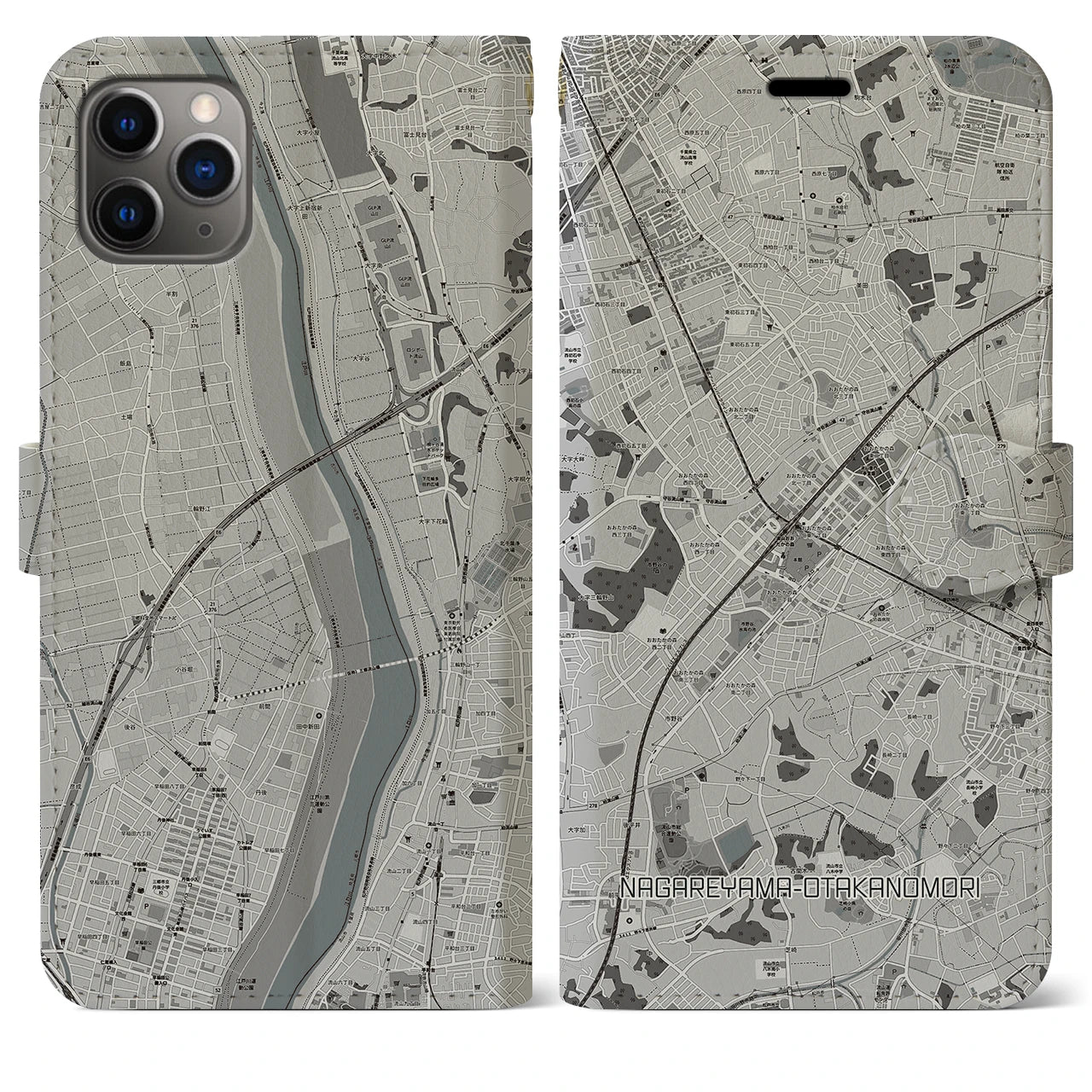 【流山おおたかの森】地図柄iPhoneケース（手帳両面タイプ・モノトーン）iPhone 11 Pro Max 用