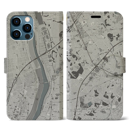 【流山おおたかの森（千葉県）】地図柄iPhoneケース（手帳タイプ）モノトーン・iPhone 12 / 12 Pro 用