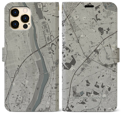 【流山おおたかの森（千葉県）】地図柄iPhoneケース（手帳タイプ）モノトーン・iPhone 12 Pro Max 用