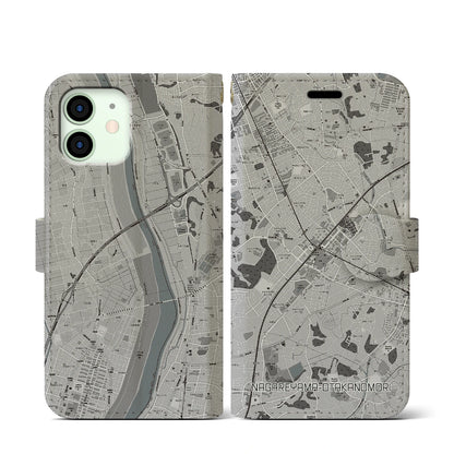 【流山おおたかの森（千葉県）】地図柄iPhoneケース（手帳タイプ）モノトーン・iPhone 12 mini 用