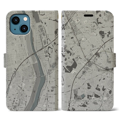 【流山おおたかの森（千葉県）】地図柄iPhoneケース（手帳タイプ）モノトーン・iPhone 13 用