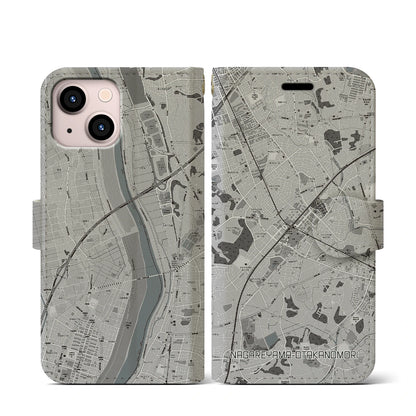 【流山おおたかの森（千葉県）】地図柄iPhoneケース（手帳タイプ）モノトーン・iPhone 13 mini 用