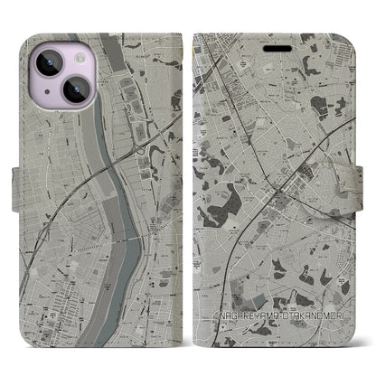 【流山おおたかの森（千葉県）】地図柄iPhoneケース（手帳タイプ）モノトーン・iPhone 14 用