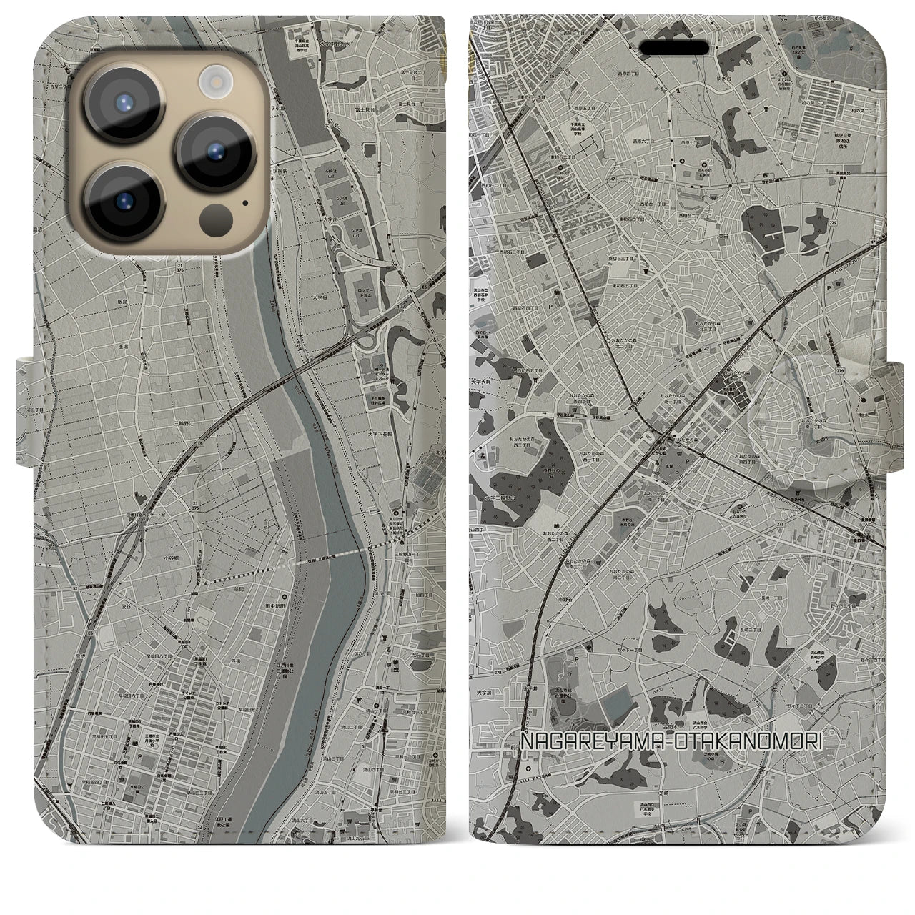 【流山おおたかの森】地図柄iPhoneケース（手帳両面タイプ・モノトーン）iPhone 14 Pro Max 用