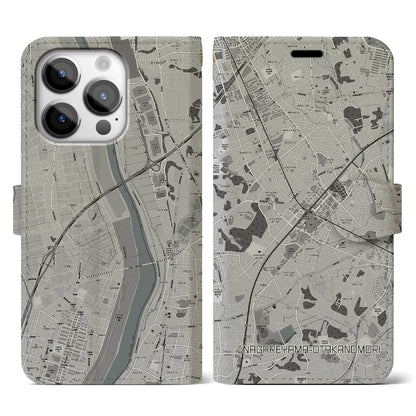 【流山おおたかの森（千葉県）】地図柄iPhoneケース（手帳タイプ）モノトーン・iPhone 14 Pro 用