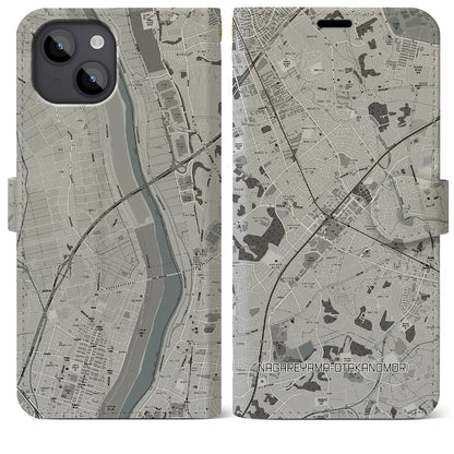 【流山おおたかの森（千葉県）】地図柄iPhoneケース（手帳タイプ）モノトーン・iPhone 14 Plus 用