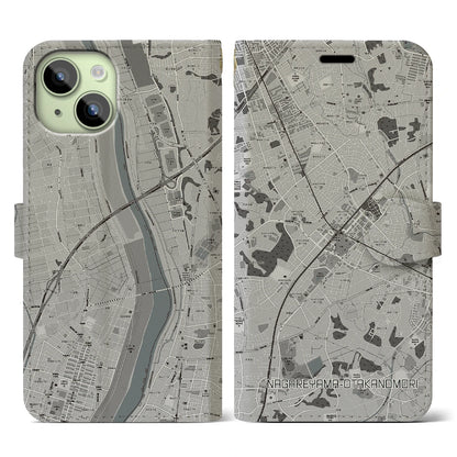 【流山おおたかの森（千葉県）】地図柄iPhoneケース（手帳タイプ）モノトーン・iPhone 15 用