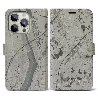 【流山おおたかの森（千葉県）】地図柄iPhoneケース（手帳タイプ）モノトーン・iPhone 15 Pro 用