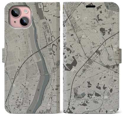 【流山おおたかの森（千葉県）】地図柄iPhoneケース（手帳タイプ）モノトーン・iPhone 15 Plus 用