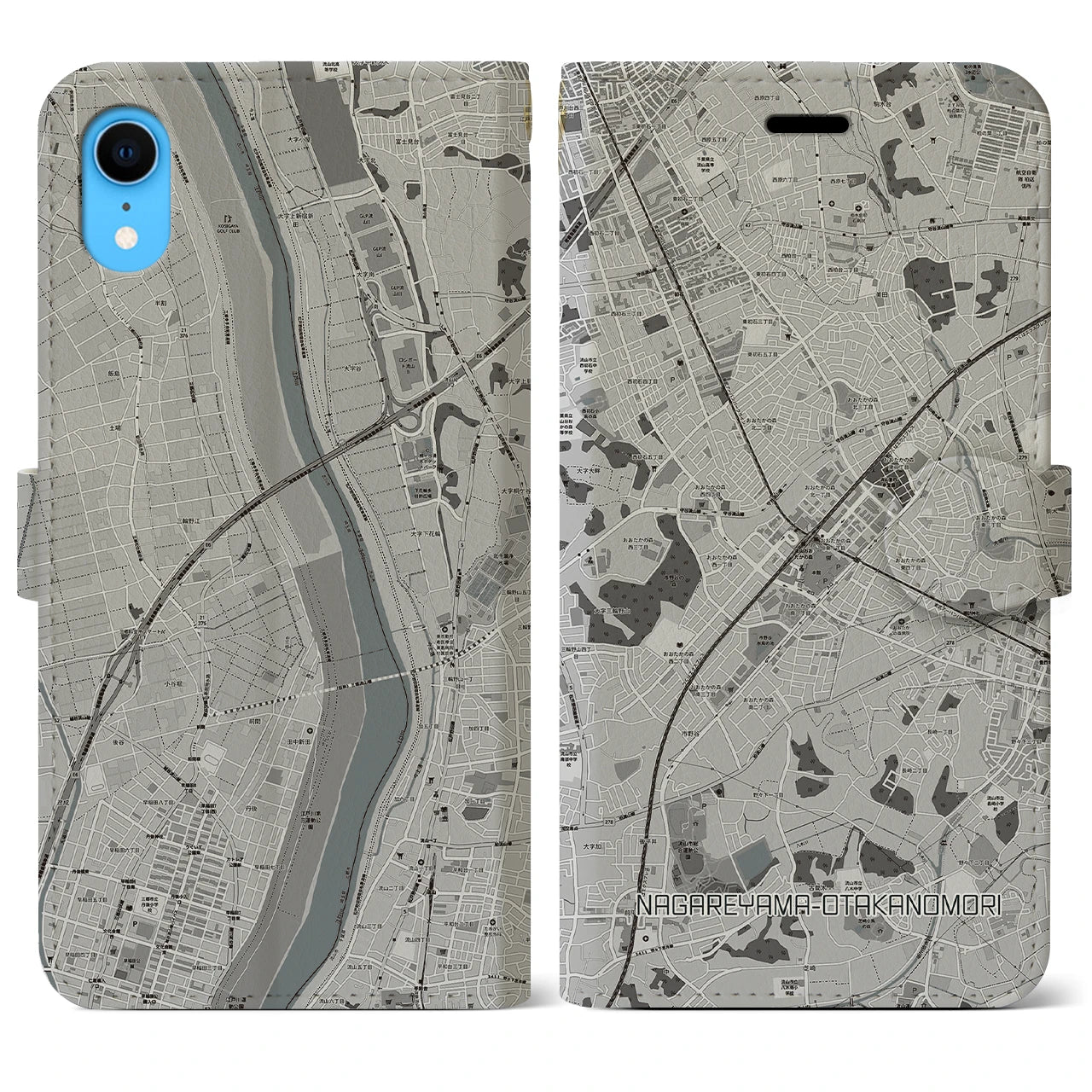 【流山おおたかの森】地図柄iPhoneケース（手帳両面タイプ・モノトーン）iPhone XR 用