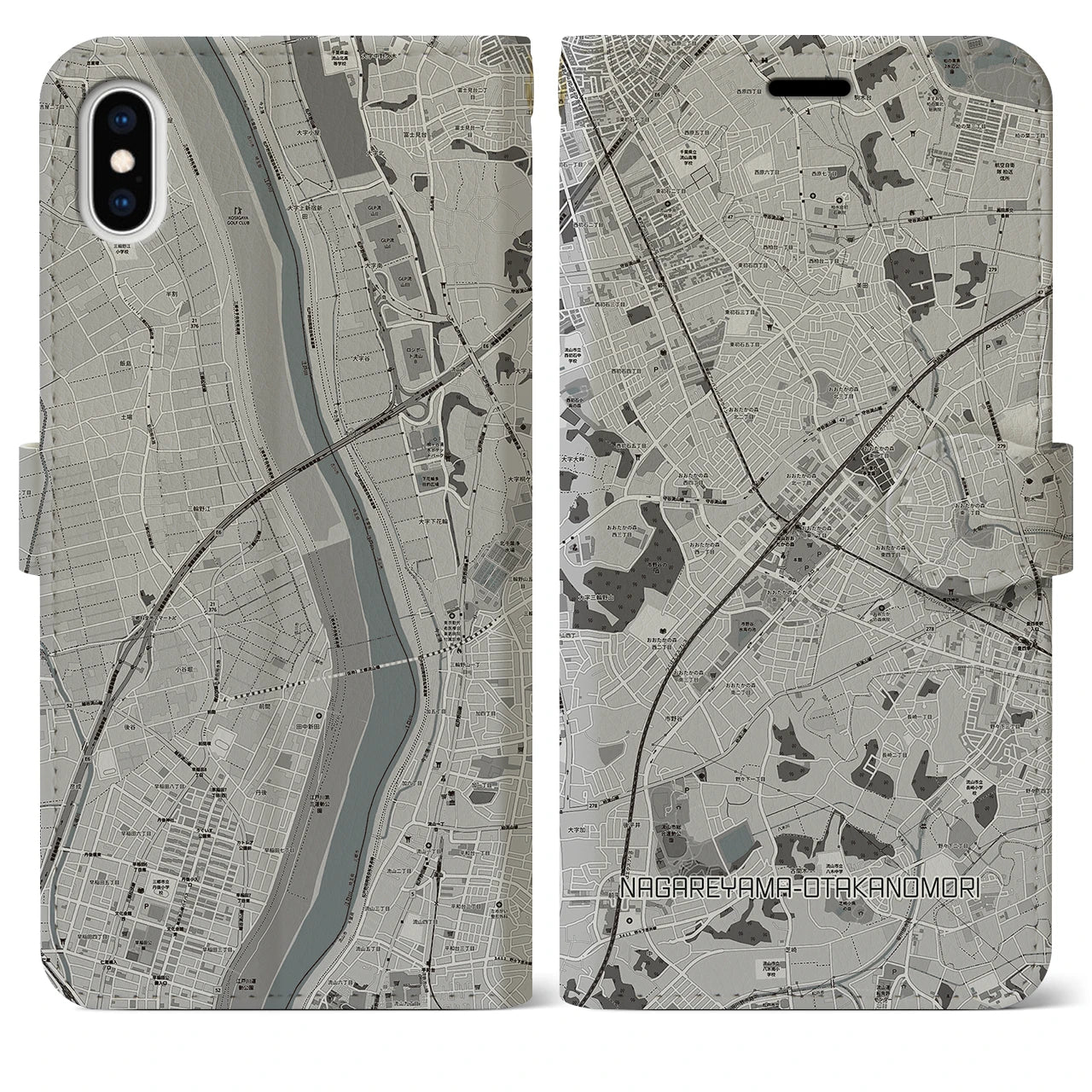 【流山おおたかの森】地図柄iPhoneケース（手帳両面タイプ・モノトーン）iPhone XS Max 用