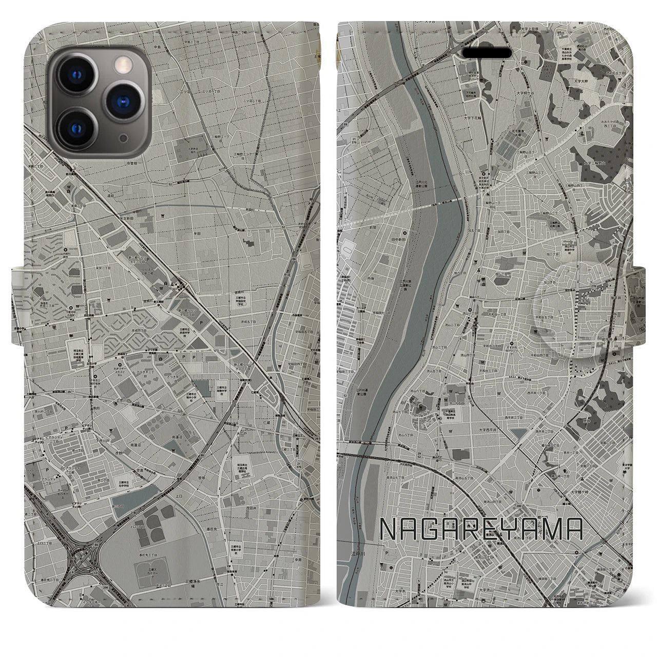 【流山】地図柄iPhoneケース（手帳両面タイプ・モノトーン）iPhone 11 Pro Max 用