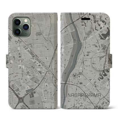 【流山（千葉県）】地図柄iPhoneケース（手帳タイプ）モノトーン・iPhone 11 Pro 用