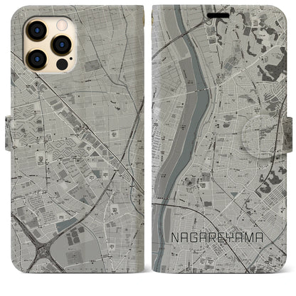 【流山（千葉県）】地図柄iPhoneケース（手帳タイプ）モノトーン・iPhone 12 Pro Max 用