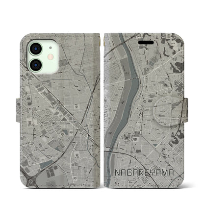 【流山（千葉県）】地図柄iPhoneケース（手帳タイプ）モノトーン・iPhone 12 mini 用