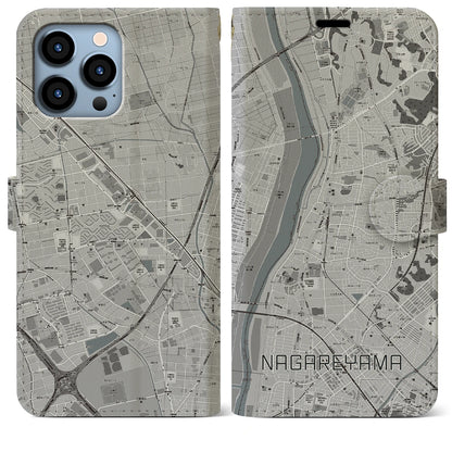 【流山（千葉県）】地図柄iPhoneケース（手帳タイプ）モノトーン・iPhone 13 Pro Max 用