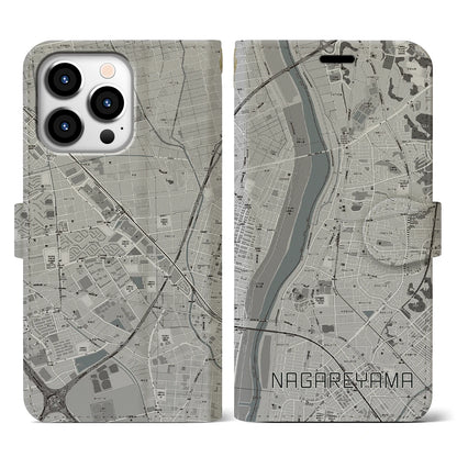 【流山（千葉県）】地図柄iPhoneケース（手帳タイプ）モノトーン・iPhone 13 Pro 用