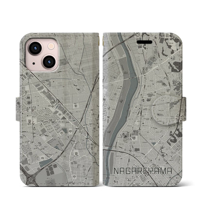 【流山（千葉県）】地図柄iPhoneケース（手帳タイプ）モノトーン・iPhone 13 mini 用