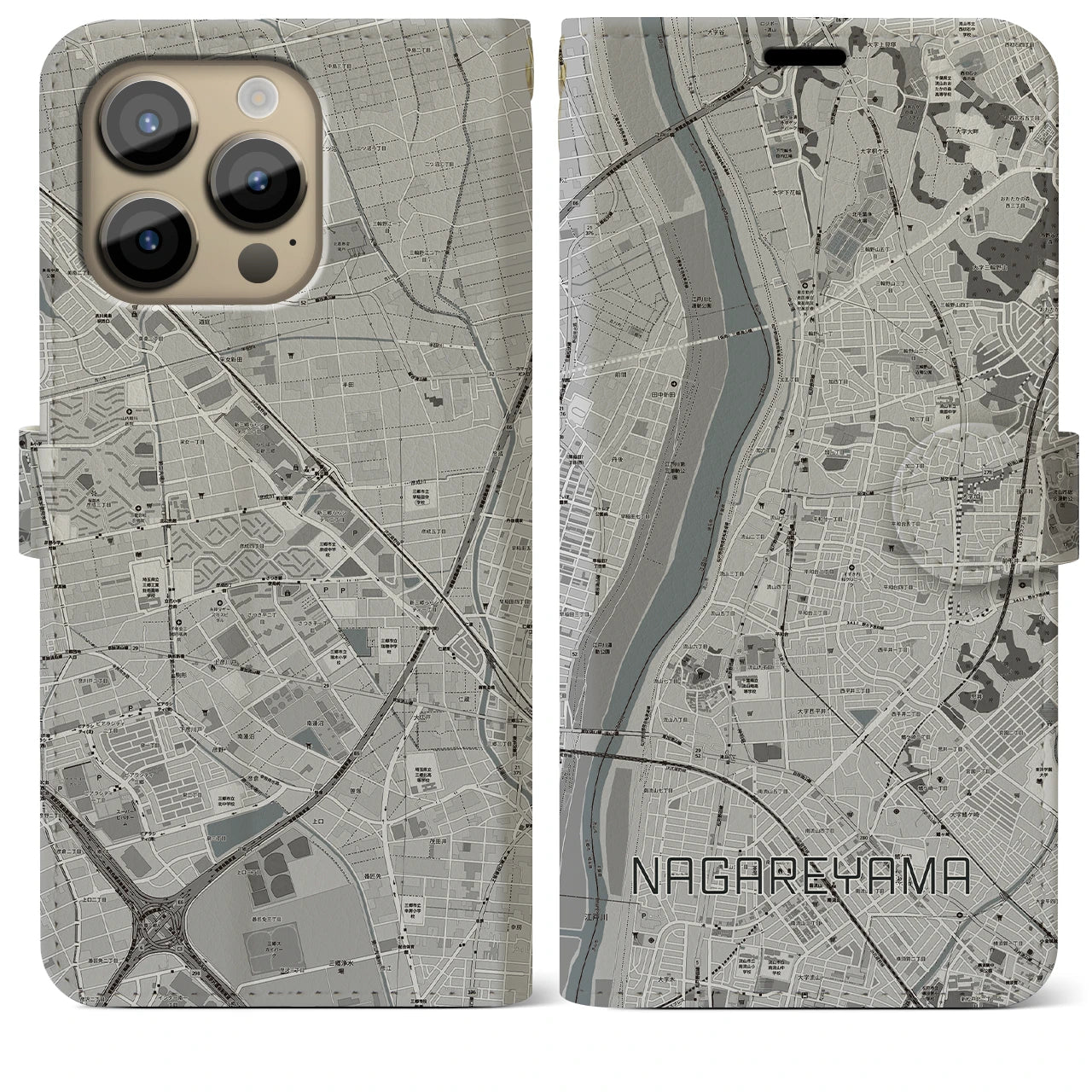 【流山】地図柄iPhoneケース（手帳両面タイプ・モノトーン）iPhone 14 Pro Max 用